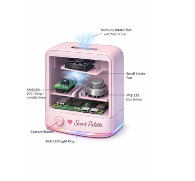 Scent Palette concept: perfume intake, VOC and gas sensors, Raspberry Pi, and controls